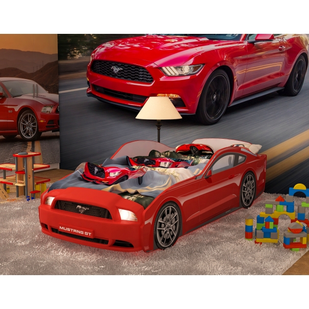 Кровать машина Mustang с подсветкой фар дна и колесами red